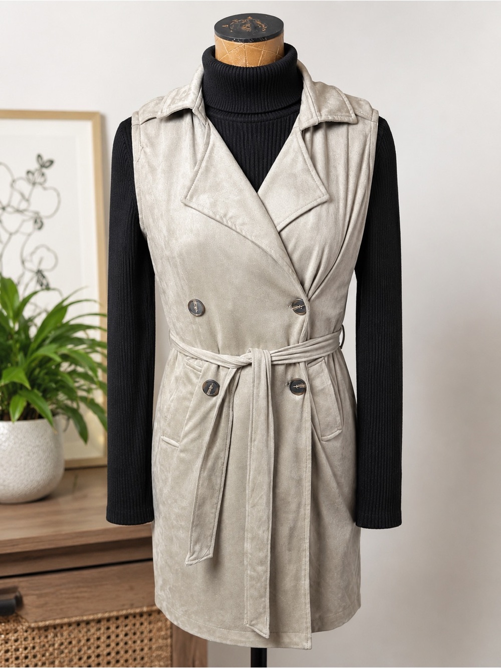 Kendall + Kylie Faux Suede Sleeveless Trench Vest Jacket with Belt